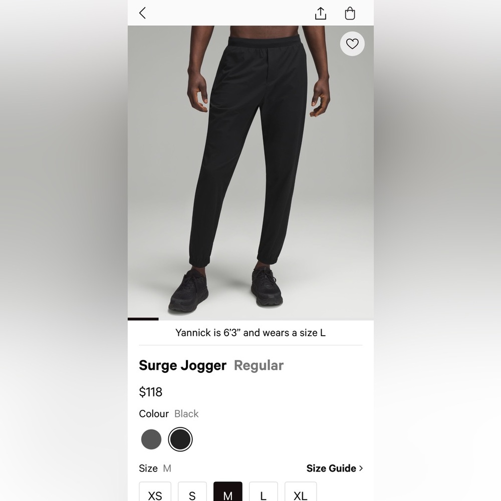 Lululemon    MEDIUM.  BLACK SURGE JOGGER REGULAR MENS 29”